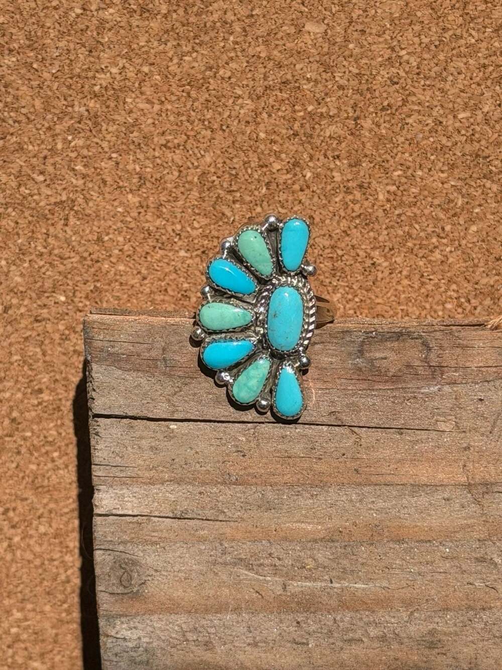 NATIVE Zuni handmade Sterling Silver Turquoise Cluster Adjustable Ring